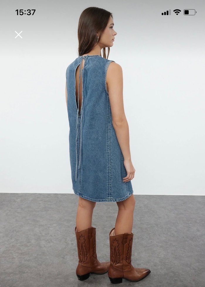 Kolsuz Lacivert Denim Midi Elbise - Görsel 5