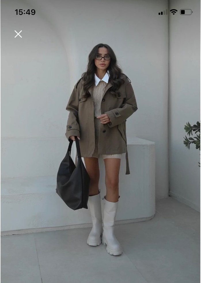 Kemerli Kısa Bej Kadın Trençkot - Görsel 3