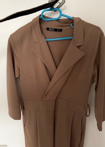 Uzun Bej Kadın Tulum, Kemerli, Ofis Stili - Görsel 2