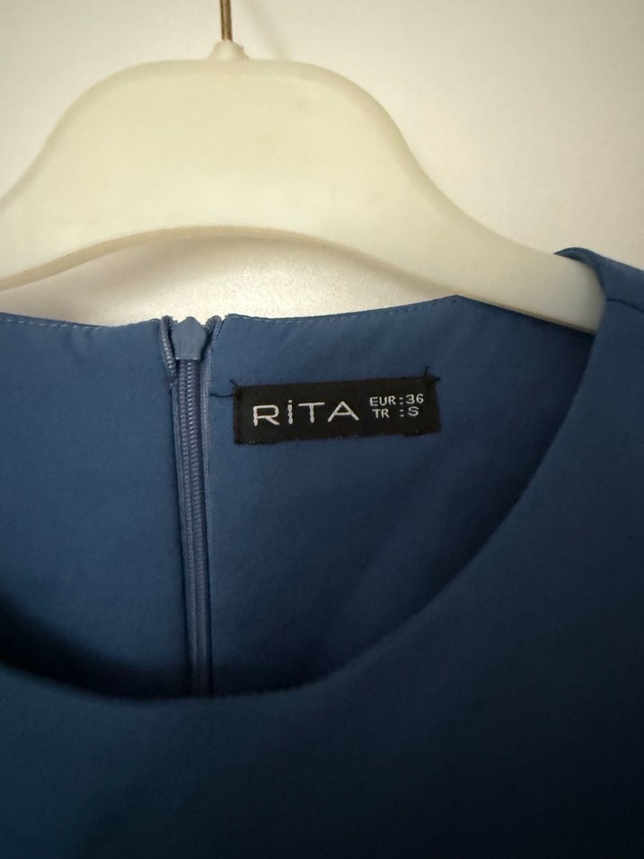 Uzun Kollu Lacivert Saten Elbise - Görsel 5