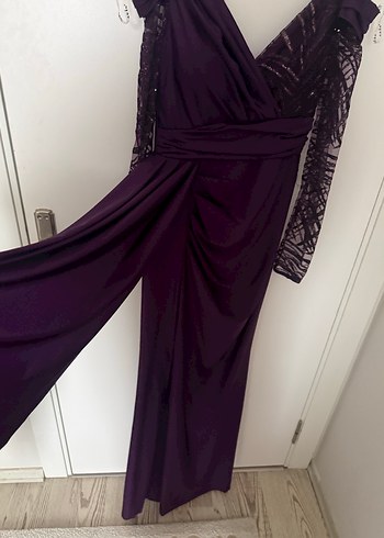 Mor Uzun Kollu Gotik Drape V Yaka Elbise - Görsel 5