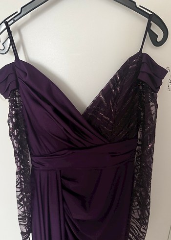 Mor Uzun Kollu Gotik Drape V Yaka Elbise - Görsel 3