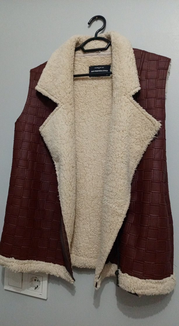 bordo Kürklü Deri yelek - Görsel 2