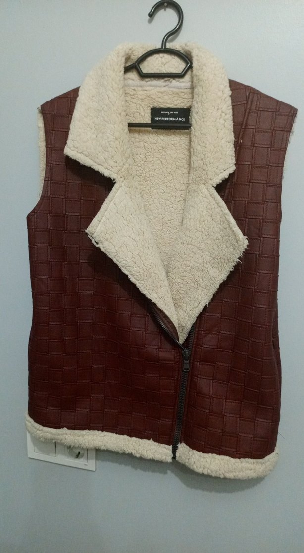 bordo Kürklü Deri yelek - Görsel 3