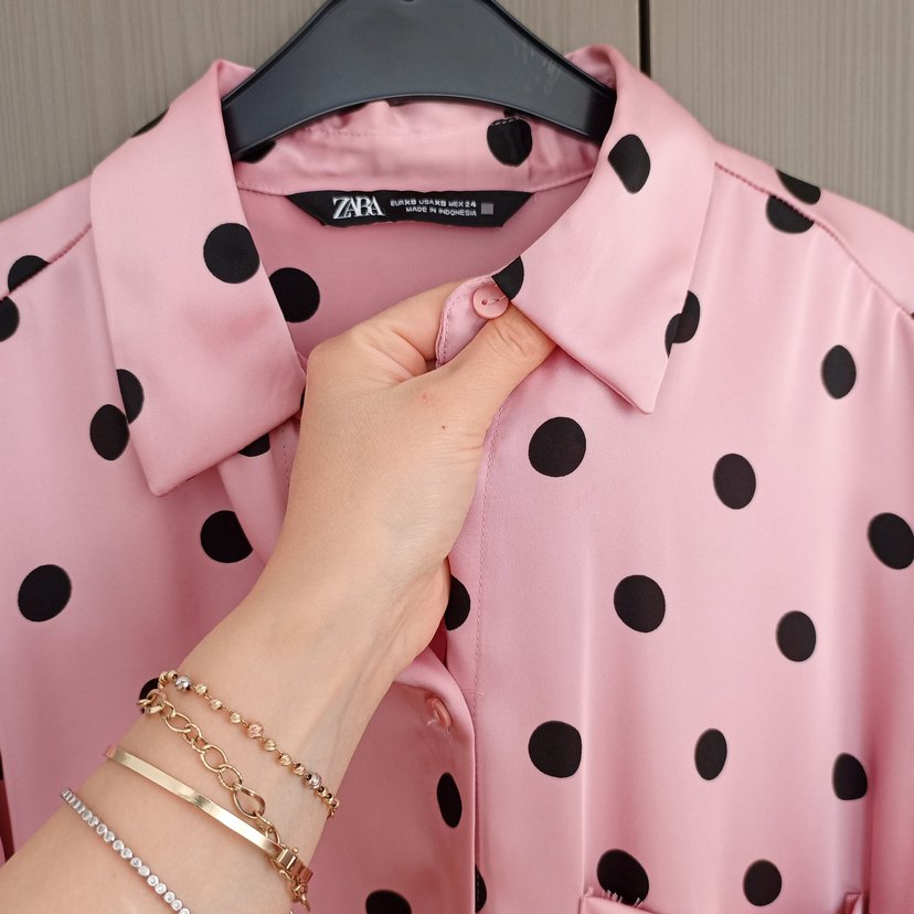 Puantiyeli Saten Pembe Uzun Kollu Kadın Gömlek - Görsel 2