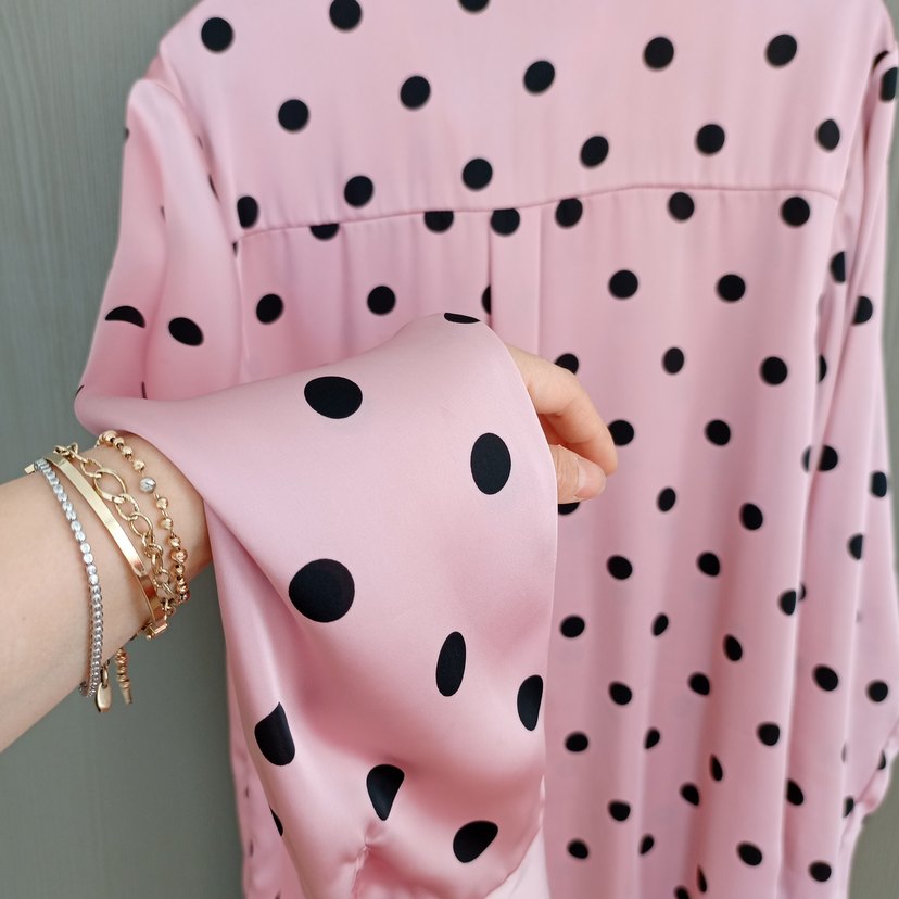 Puantiyeli Saten Pembe Uzun Kollu Kadın Gömlek - Görsel 5