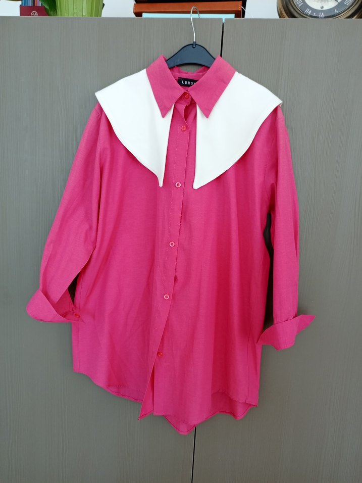 Pembe Yakalı Uzun Kollu Keten Gömlek - Görsel 2
