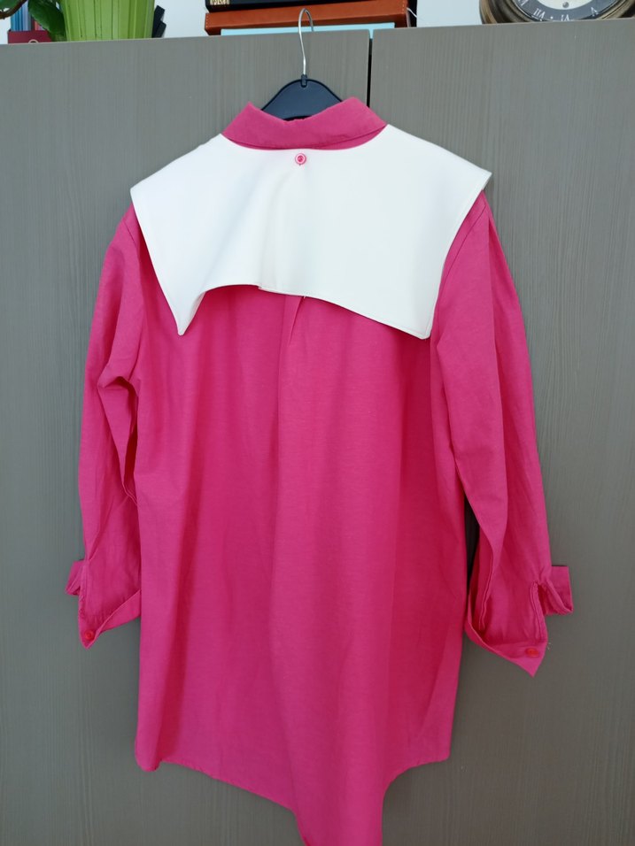 Pembe Yakalı Uzun Kollu Keten Gömlek - Görsel 3