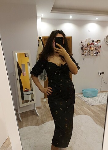 Cicek desenli kalp yaka elbise - Görsel 3