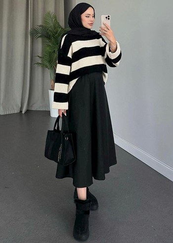 Siyah Beyaz Zebra Desenli Boğazlı Triko Kazak - Görsel 2