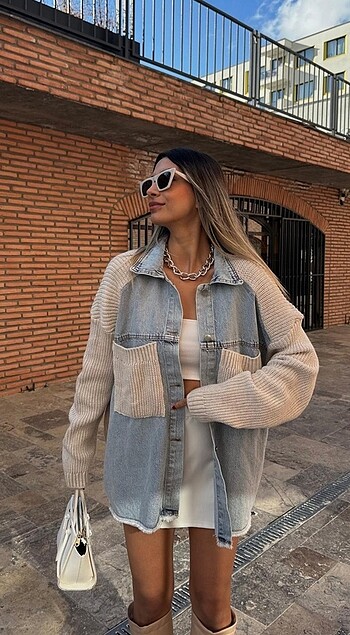 diğer Beden mavi Renk Kot detaylı örme hırka
