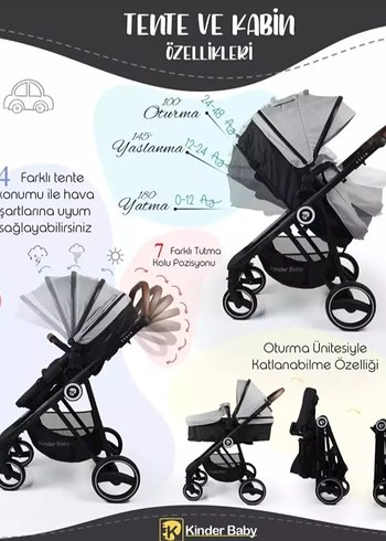 Kinder Baby Stein Gri Bebek Arabası travel sistem - Görsel 3