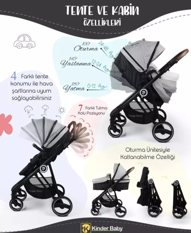 Kinder Baby Stein Gri Bebek Arabası travel sistem - Görsel 3