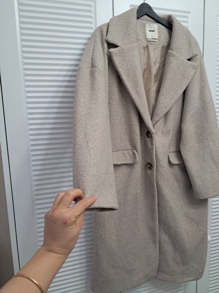 Bej Düğmeli Oversize Koton Kaban - Görsel 3