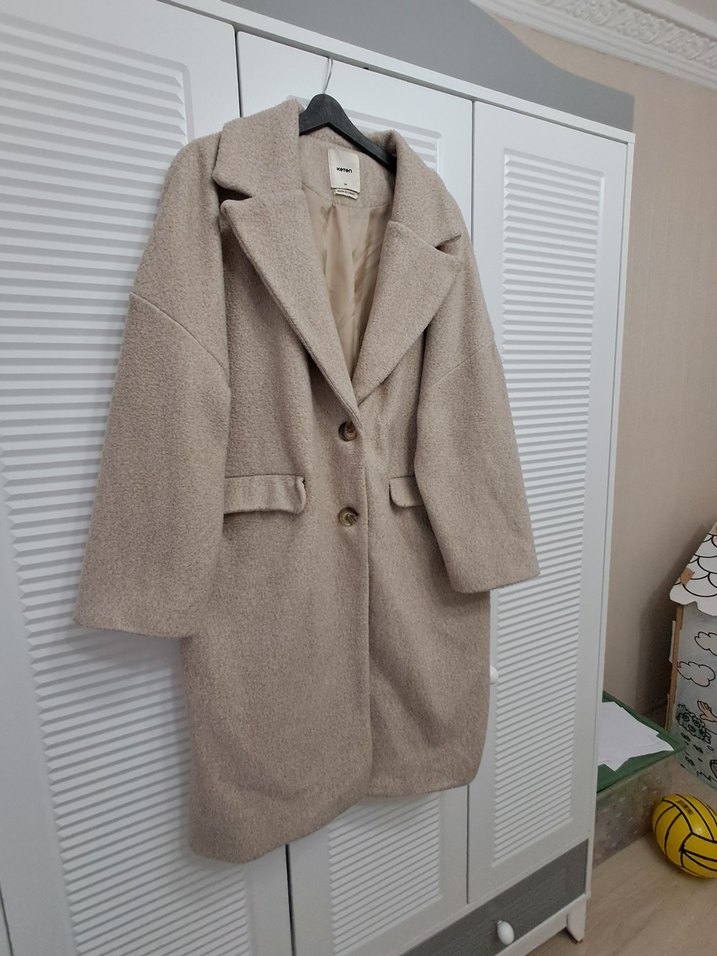 Bej Düğmeli Oversize Koton Kaban - Görsel 2