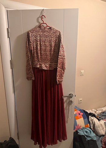 Bordo Uzun Kollu Vintage Bohem Uzun Elbise - Görsel 4