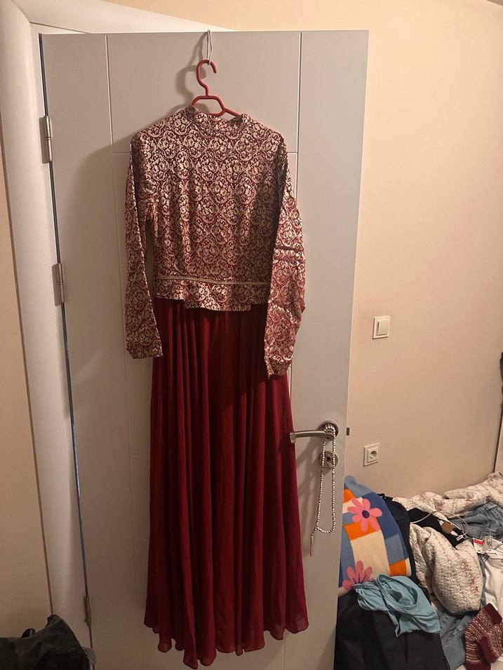 Bordo Uzun Kollu Vintage Bohem Uzun Elbise - Görsel 5