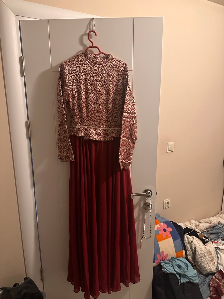 Bordo Uzun Kollu Vintage Bohem Uzun Elbise - Görsel 4