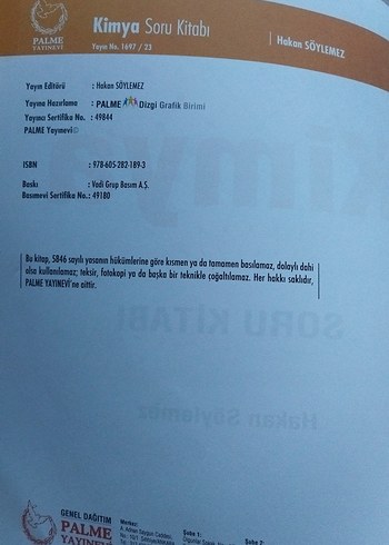Palme AYT Kimya Soru Kitabı Hakan Söylemez