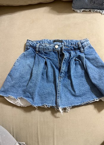 Kadın Mavi Pileli Mini Kot Şort etek