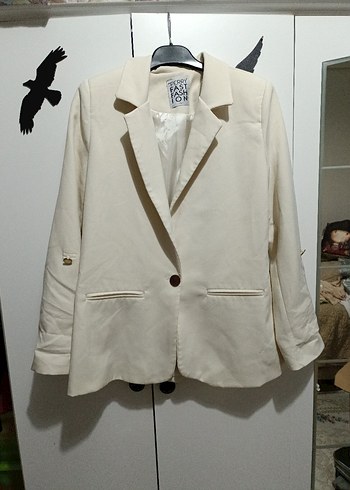 L beden Bej Düğmeli Kadın Keten Blazer Ceket - Görsel 5