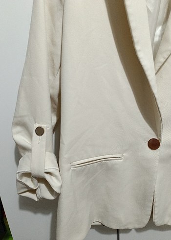 L beden Bej Düğmeli Kadın Keten Blazer Ceket - Görsel 4