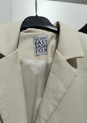 L beden Bej Düğmeli Kadın Keten Blazer Ceket - Görsel 3