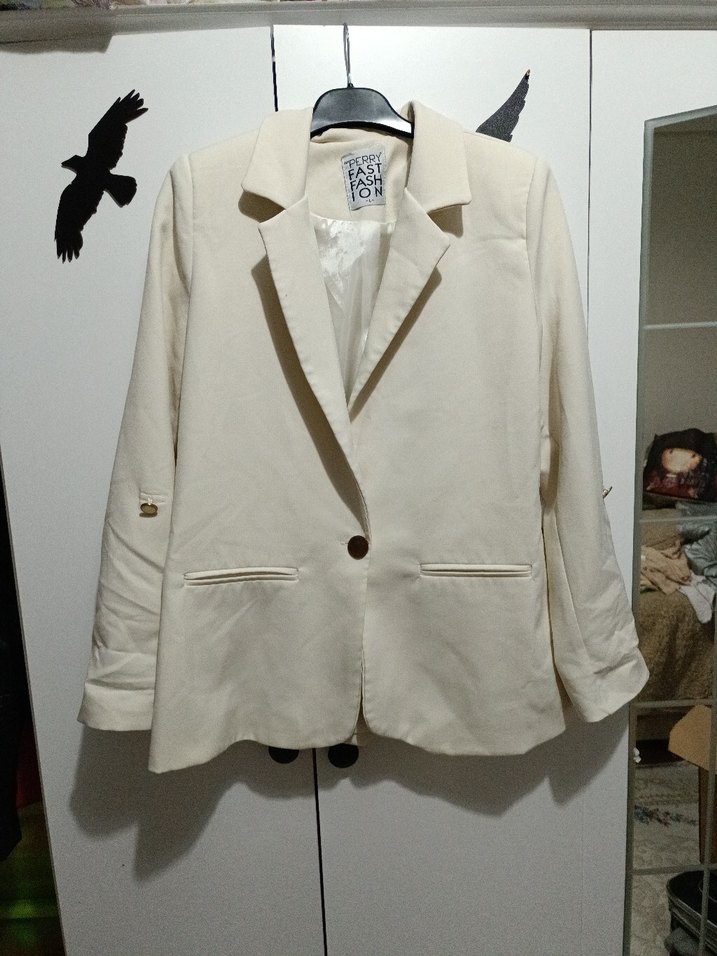 L beden Bej Düğmeli Kadın Keten Blazer Ceket - Görsel 5