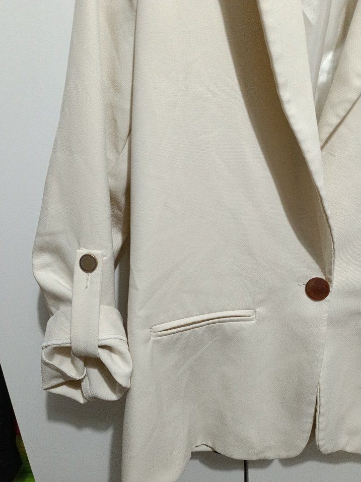 L beden Bej Düğmeli Kadın Keten Blazer Ceket - Görsel 4