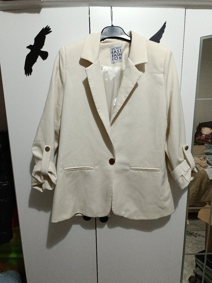 L beden Bej Düğmeli Kadın Keten Blazer Ceket - Görsel 2