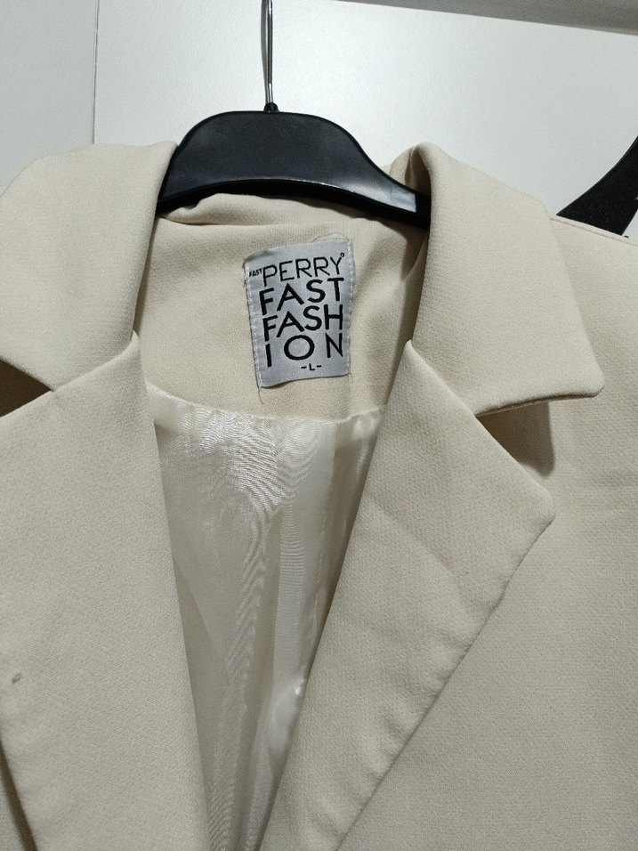 L beden Bej Düğmeli Kadın Keten Blazer Ceket - Görsel 3