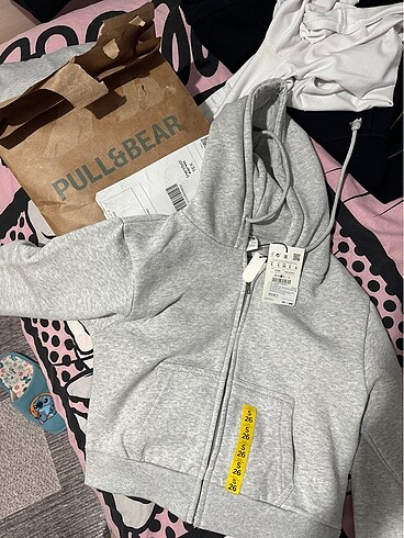 s Beden gri Renk pull and bear crop kapusonlu