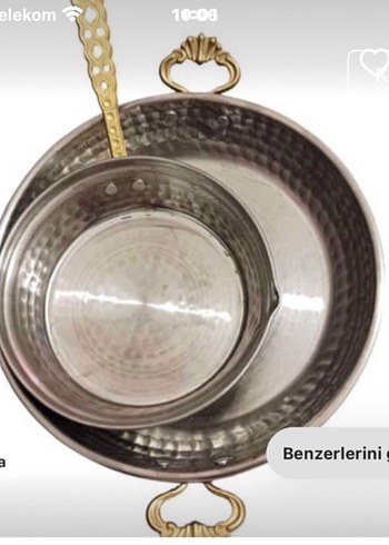 Altın Kulplu Gri Bakır Tepsi ve Kase Seti