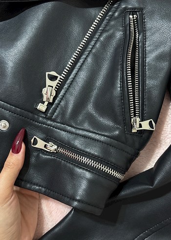 Kadın Siyah Deri Biker Ceket - Görsel 3