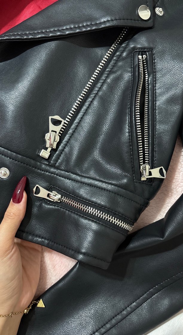 Kadın Siyah Deri Biker Ceket - Görsel 3