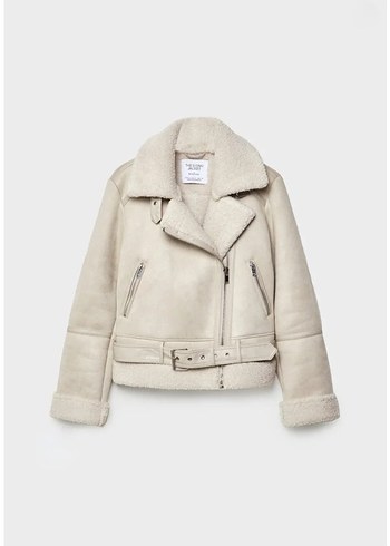 Stradivarius Bej Süet Kemerli Kadın Biker Ceket