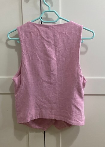 Stradivarius Düğmeli Pembe Keten V Yaka Kadın Yelek - Görsel 2