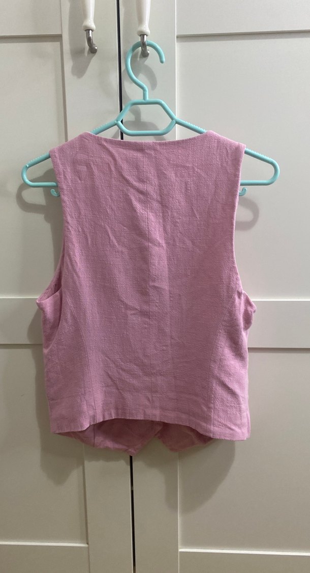 Stradivarius Düğmeli Pembe Keten V Yaka Kadın Yelek - Görsel 2