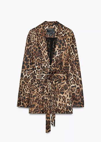 Kahverengi Leopar Desenli Kemerli Blazer