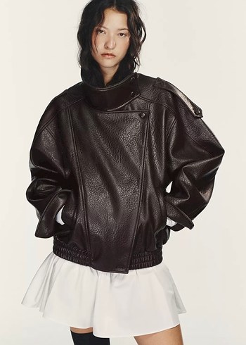 Kahverengi Deri Biker Ceket - Görsel 2