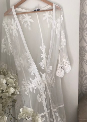 İşlemeli Beyaz Bohem Uzun Kadın pareo - Görsel 3