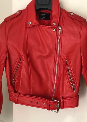 Kadın Kırmızı Deri Biker Ceket