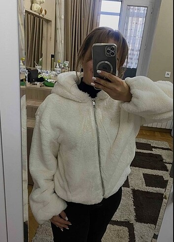 bershka peluş ceket kapüşonlu kürk mont 