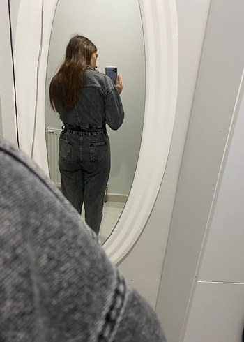 Füme Denim Kadın Tulum, Kemerli - Görsel 2