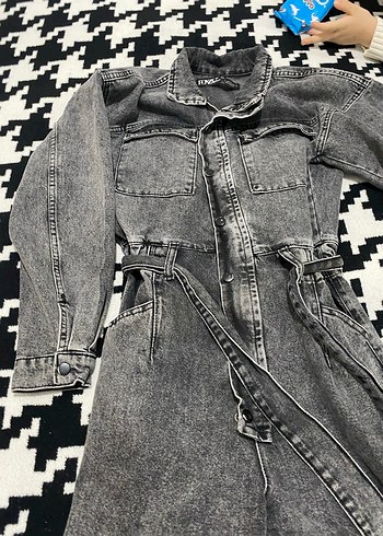 Füme Denim Kadın Tulum, Kemerli - Görsel 6