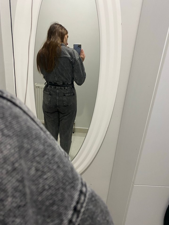 Füme Denim Kadın Tulum, Kemerli - Görsel 2