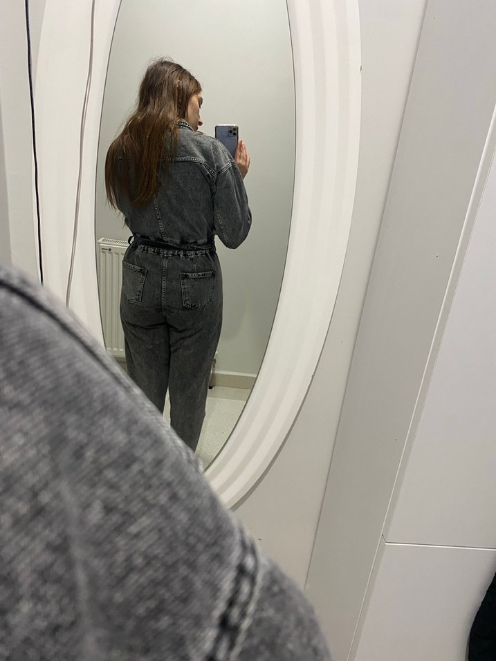 Füme Denim Kadın Tulum, Kemerli - Görsel 3