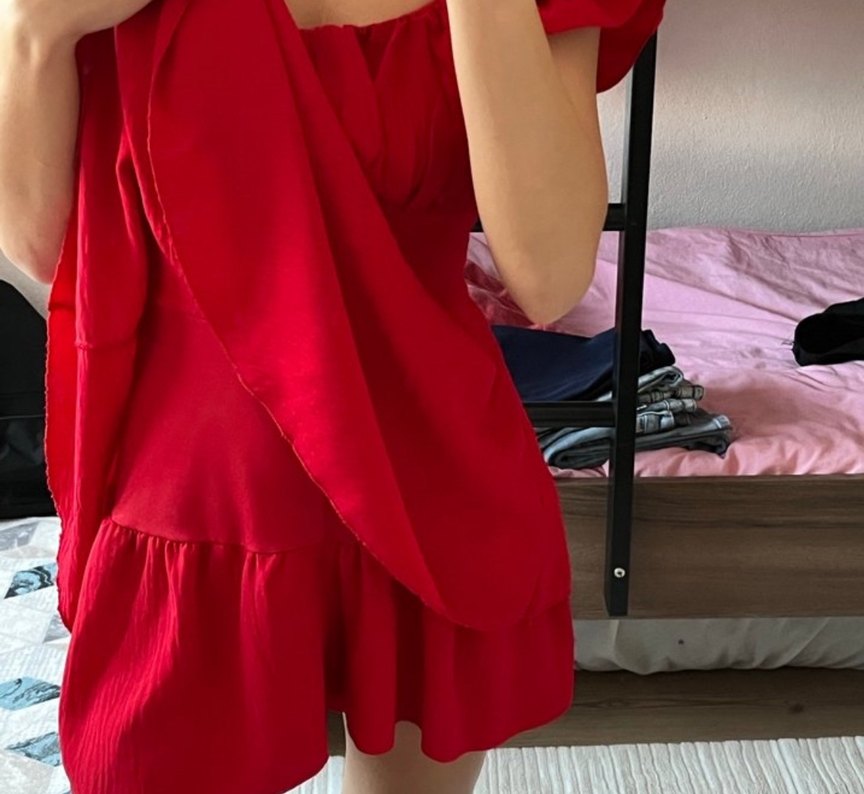 Kısa Kırmızı Fırfırlı Mini Elbise - Görsel 5