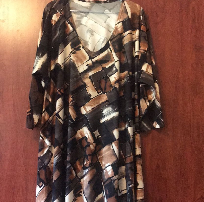 Uzun Kollu Kahverengi Desenli geniş elbise - Görsel 2