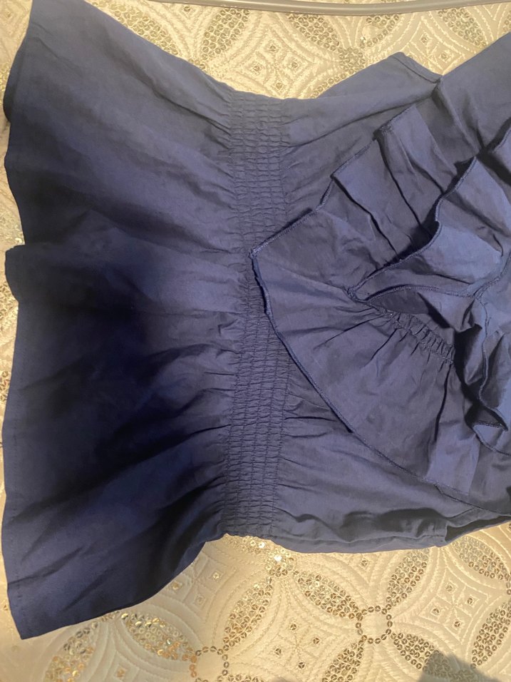 Koyu Mavi Fırfırlı Kolsuz Keten Bluz - Görsel 3